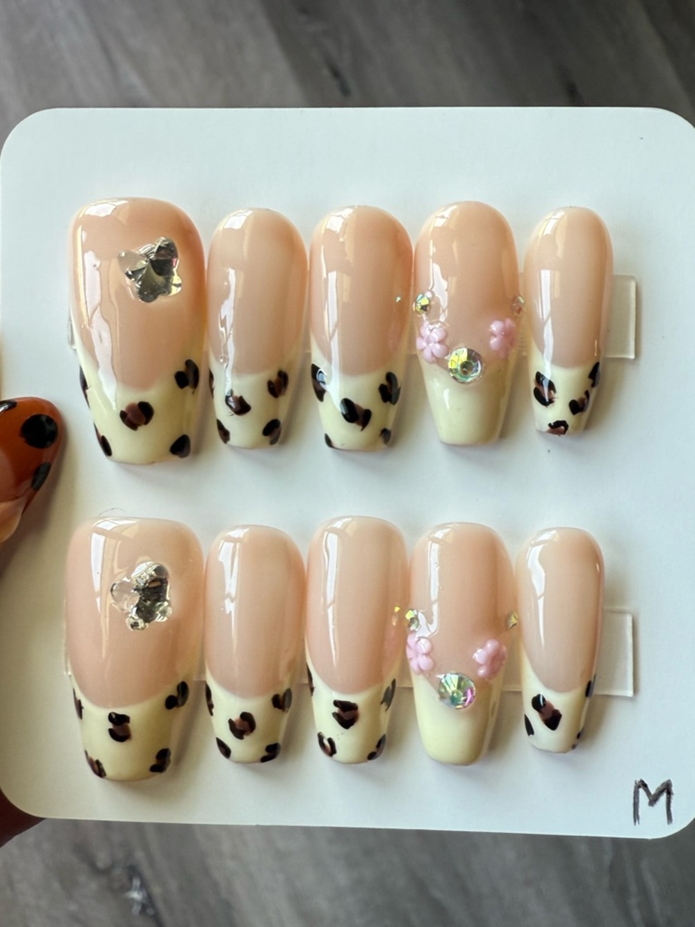 Nude Leopard French Press-On Nails with Rhinestones